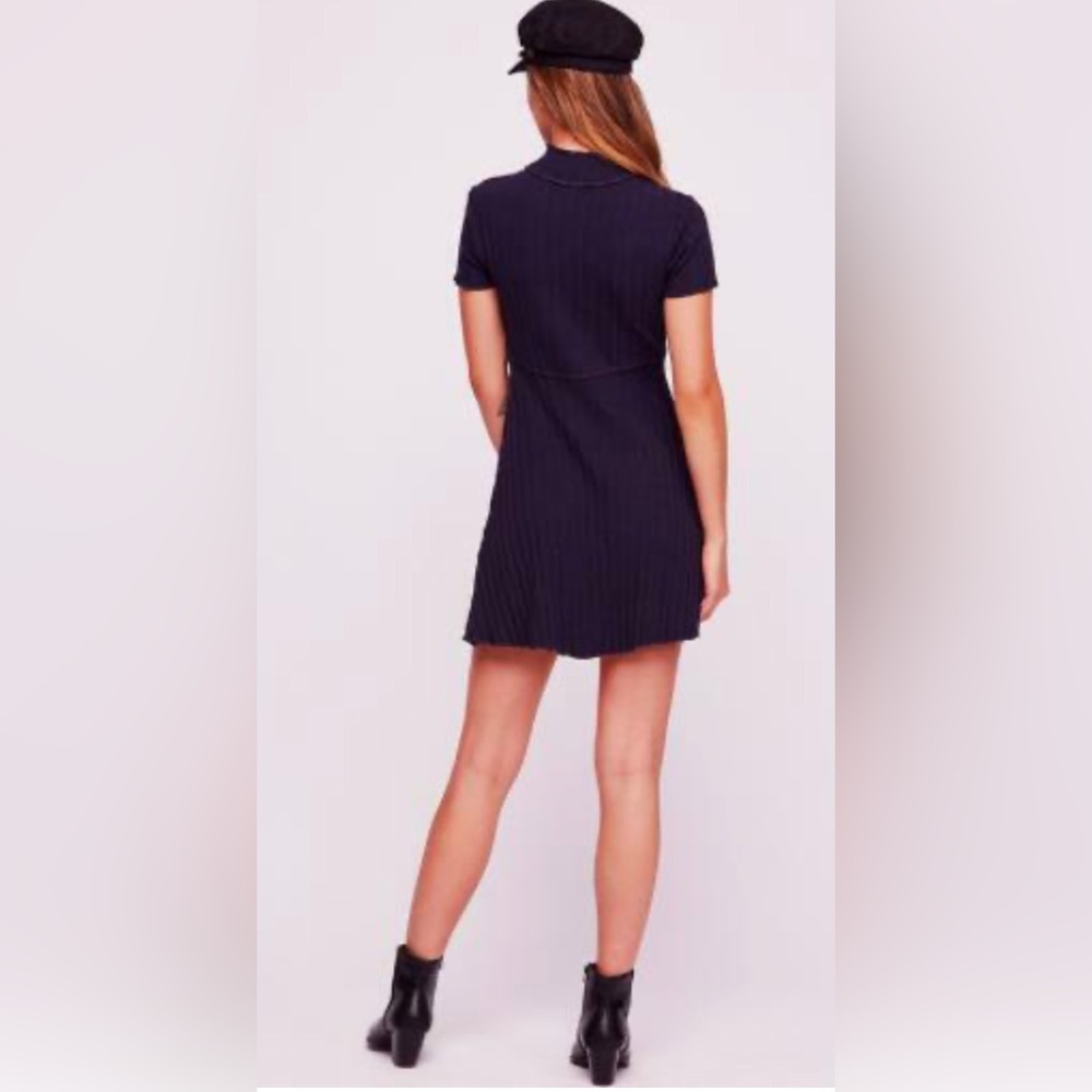 Free People Lottie Navy Blue Ribbed Button Front Mock Neck Sweater Dress XL (A11 - Picture 3 of 11